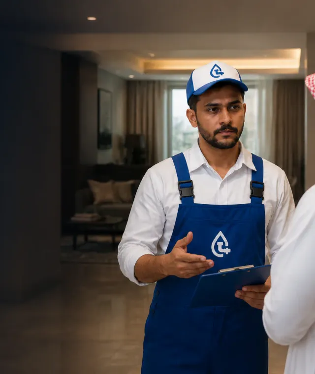 AL Naseer plumber in branded uniform speaking with a customer in Riyadh